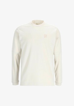 Sudadera de manga larga color crema con un pequeño logo sutil en el lado izquierdo del pecho y un cuello redondo.