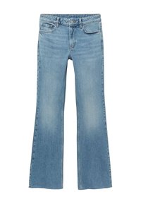 Jeans in denim azzurro chiaro a gamba flared con vita medio-alta, dotati di tasche anteriori, chiusura con bottone e leggere sfumature sulle cosce.