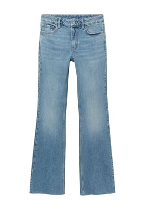 Light blue denim flared jeans with a mid-rise waist, featuring front pockets, a button closure, and subtle fading on the thighs.