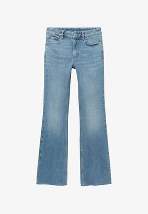 Svetlo modré riflové zvonové džínsy s polovičným pásom, obsahujúce predné vrecká, zapínanie na gombík a jemné vyblednutie na stehnách.