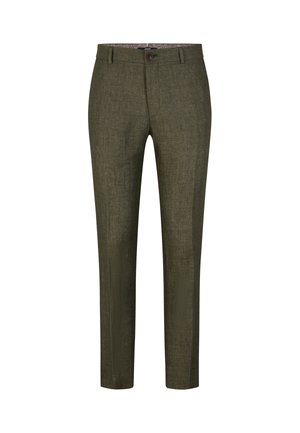 Olivegrüne Hosen aus einem strukturierten Stoff mit slim Fit und Knopfverschluss. Verfügt über ein gemustertes Innenfutter.