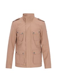 Lysebrun jakke lavet af bomuldsblanding med høj krave, fire forlommer, sølvknapper og skulderstropper.