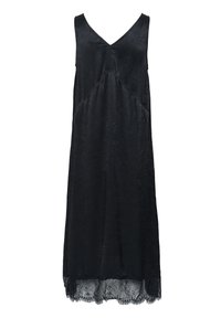Schwarzes ärmelloses Kleid mit V-Ausschnitt, strukturiertem Stoff und Spitze am Saum. Es hat ein diagonales Nähdetails.
