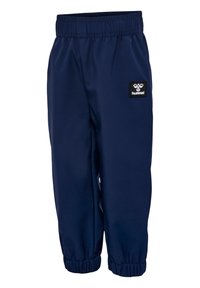 Marineblauwe sportbroeken van synthetische stof, met een elastische tailleband en boorden, en een klein zwart logo-opdruk aan de zijkant.