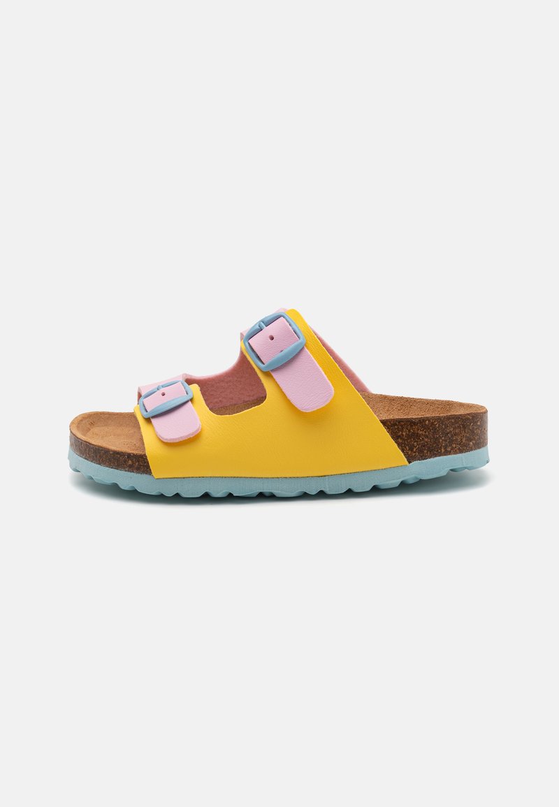 Yellow bi-material slide sandal with two pink adjustable straps, classic cork footbed, and textured light blue outsole.