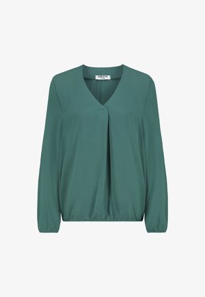 Langärmlige türkisfarbene Bluse mit V-Ausschnitt, Vorderfalte, elastischem Saum und Bündchen, Größe M, Marke Sublevel.