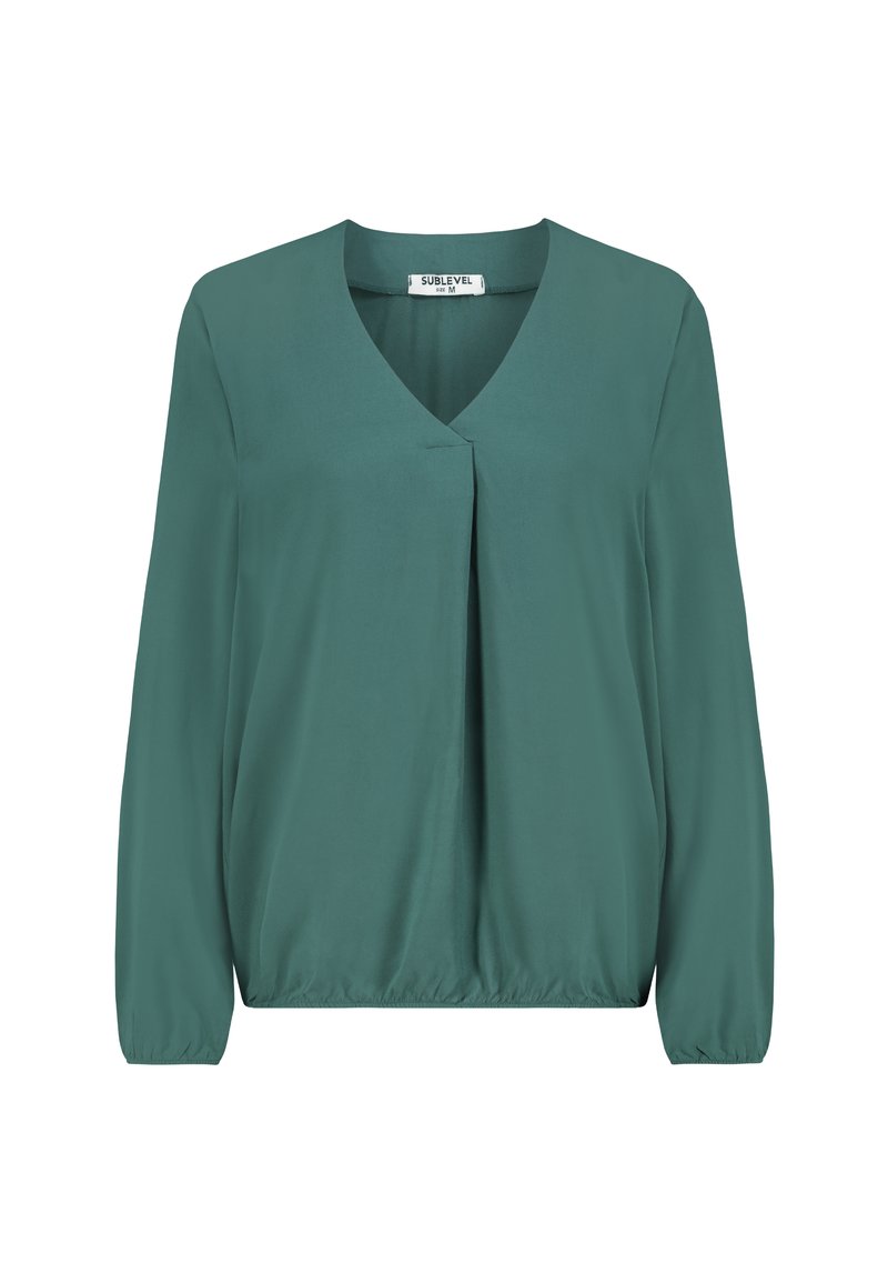 Long-sleeve teal blouse with V-neck, front pleat, elastic hem and cuffs, size medium, brand Sublevel.
