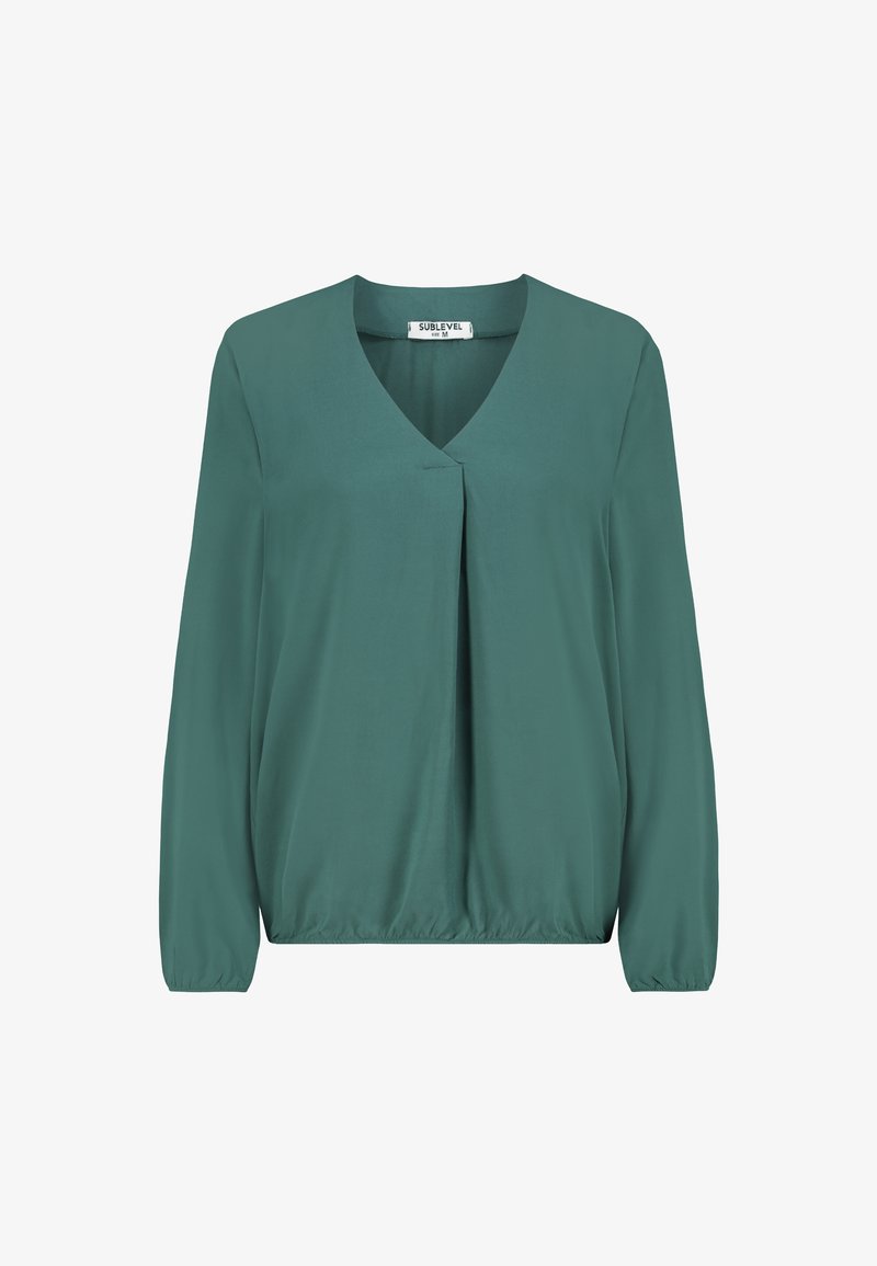 Long-sleeve teal blouse with V-neck, front pleat, elastic hem and cuffs, size medium, brand Sublevel.
