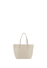 Beige tote taske lavet af struktureret materiale, med præget blomsterdesign og dobbelt håndtag. Den har et diskret brandlogo foran.