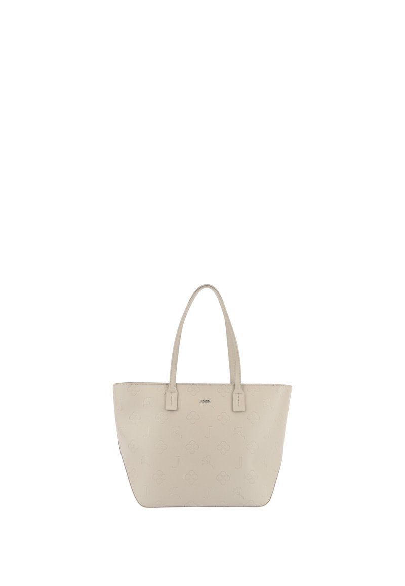 Beige tote taske lavet af struktureret materiale, med præget blomsterdesign og dobbelt håndtag. Den har et diskret brandlogo foran.