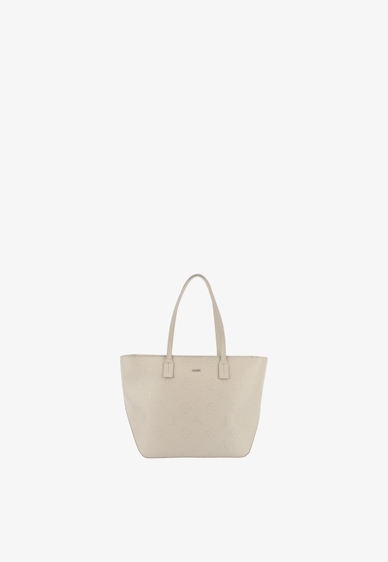 Beige tote taske lavet af struktureret materiale, med præget blomsterdesign og dobbelt håndtag. Den har et diskret brandlogo foran.