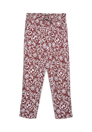 Pantalons amples à motif marron et blanc avec une taille élastique et une ceinture nouée, posés à plat sur un fond blanc.