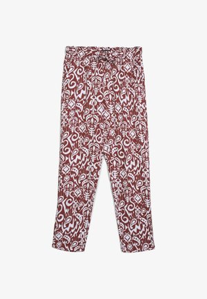 Pantaloni larghi a fantasia marrone e bianco con vita elastica e cintura annodata, distesi su uno sfondo bianco.