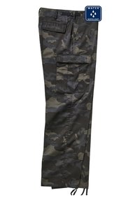 Vattentäta cargobyxor i ett svart och grått kamouflage-mönster. Har flera fickor och justerbara dragsnören vid nederdelen.