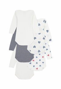 Fem langermede bodysuit: to ensfargede hvite, en marineblå med striper, to hvite med røde og blå hjerte mønstre. Myk bomullsstoff, avrundede krager.