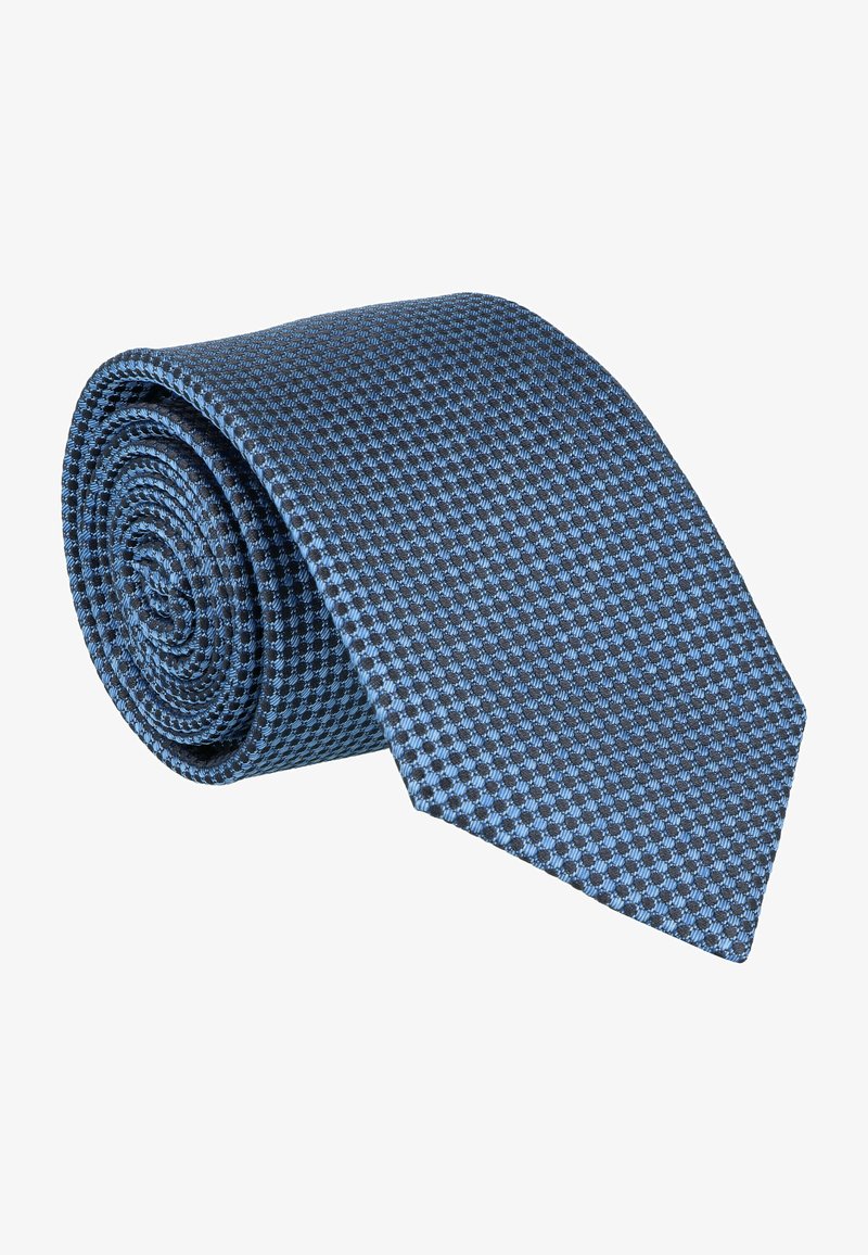 Blue patterned tie rolled tightly, features a grid design with darker blue and light blue accents, smooth texture and tapered end.