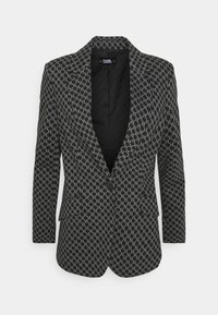 Blazer s vzorem houndstooth v černé a šedé barvě, s klopovým límcem, jedním knoflíkovým zapínáním a dvěma předními kapsami. Hladká struktura látky.