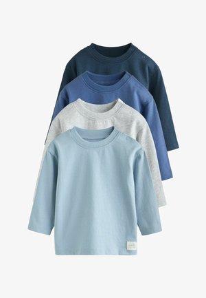 Set aus vier Langarmshirts in Blau-, Grau- und Hellblau-Tönen. Baumwollmaterial mit Rundhalsausschnitten und Druckknopfverschlüssen an einer Schulter.