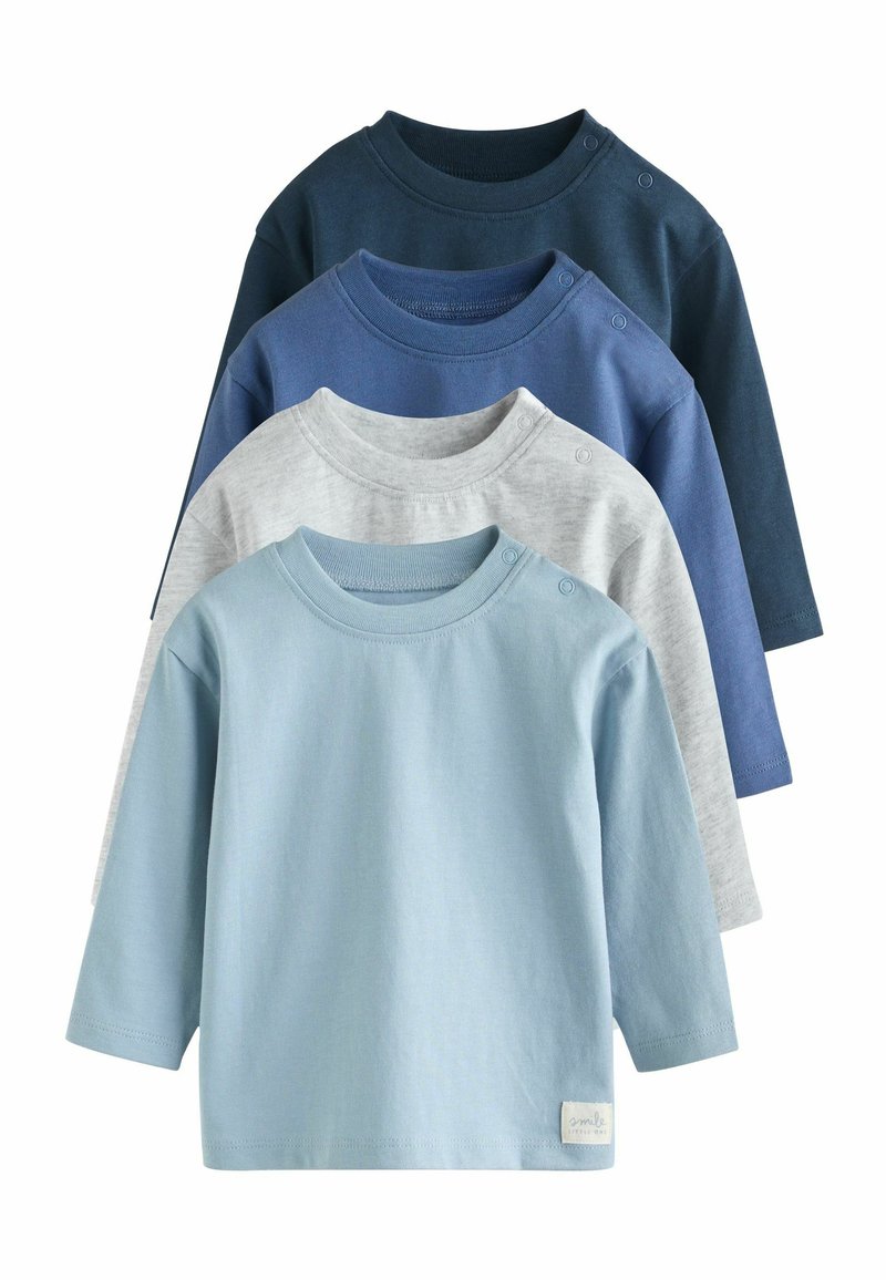 Set van vier lange mouwen shirts in blauwe, grijze en lichtblauwe tinten. Katoenen materiaal met ronde hals en drukknopen op één schouder.