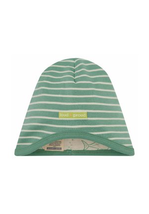 Beanie a righe verdi realizzato in tessuto morbido, con bordino piegato e una piccola etichetta rettangolare al centro.
