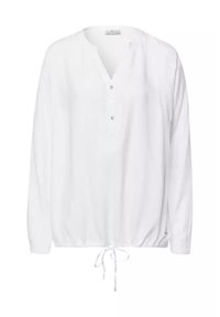 Biała bluzka z długim rękawem z dekoltem henley, z detalami guzików, marszczonym pasem ze sznurkiem, i gładką fakturą materiału.