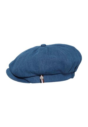 Blue denim flat cap with small rounded button on top and striped fabric detail near the brim on white background.