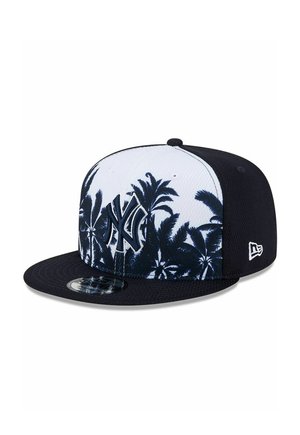 Schwarz-weiße New York Yankees Kappe mit Palmen-Design und flachem Schirm, mit bestickten Logos auf der Front- und Seitenpaneelen.