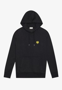 Černá mikina s kapucí, přední kapsou a šňůrkami, se malým žlutým kapajícím usměvavým obličejem logo na levé hrudi.