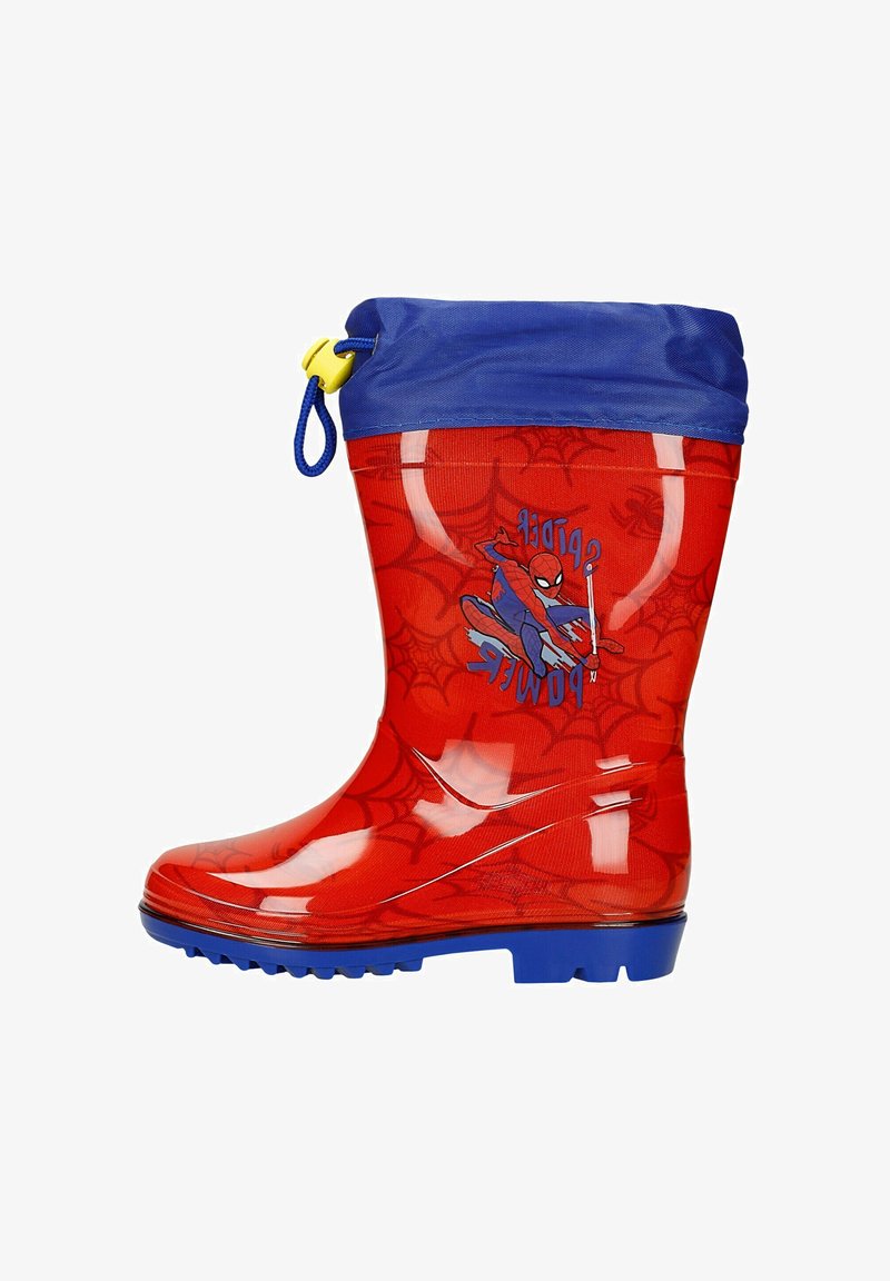 Czerwony gumowy kalosz z niebieską górą, ozdobiony grafiką Spider-Mana i wzorem sieci pajęczej. Zawiera żółty sznurek u góry.