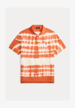 Narancssárga és fehér batikolt rövid ujjú galléros póló, gombos gallérral és hímzett logóval a mellrészen. Puha pamut anyag.