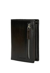 Black leather wallet with a smooth texture, featuring a silver zipper accent, stitched edges, and embossed logo on the front.