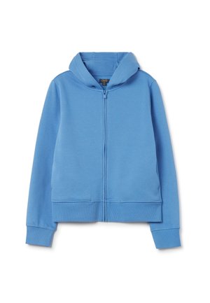 Blauer Kapuzenpullover mit durchgehendem Reißverschluss, Vordertaschen, gerippten Bündchen und Kapuze, dargestellt auf weißem Hintergrund.