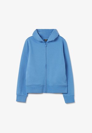 Blauwe hoodie met volledige ritssluiting, voorzakken, geribbelde manchetten en capuchon, getoond op een witte achtergrond.