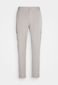 Light gray slim-fit cargo pants with front button closure, side flap pockets, and cuffed hems against a plain background.