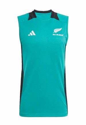 Jersey deportivo sin mangas de color aqua, hecho de una tela suave, con paneles laterales negros, logotipos blancos y un escote redondo.