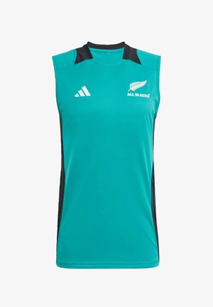 Aqua sleeveless sports jersey made of smooth fabric, featuring black side panels, white logos, and a round neckline.