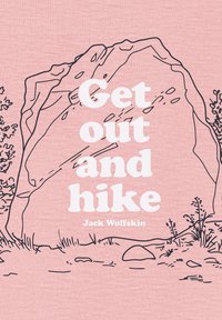 Roze achtergrond met zwarte lijntekening van een rots en planten. Tekst luidt "Ga naar buiten en wandel" en "Jack Wolfskin" in vetgedrukte witte letters.
