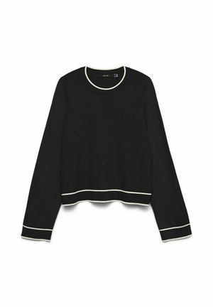 Melns džemperis ar garām piedurknēm un apaļu kakla izgriezumu, ar kontrastējošām gaišām apmalēm apkaklē un apakšmalā. Gluda auduma faktūra.