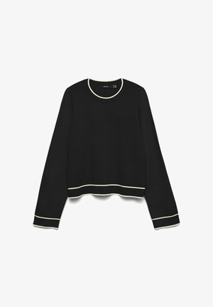 Maglione nero a maniche lunghe con scollo rotondo, caratterizzato da rifiniture in colore chiaro a contrasto sul colletto e sull'orlo. Tessuto dalla texture liscia.