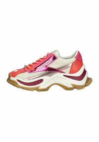 Sneaker with a mix of materials including mesh and synthetic leather, featuring pink and red accents, reflective elements, and rubber sole.