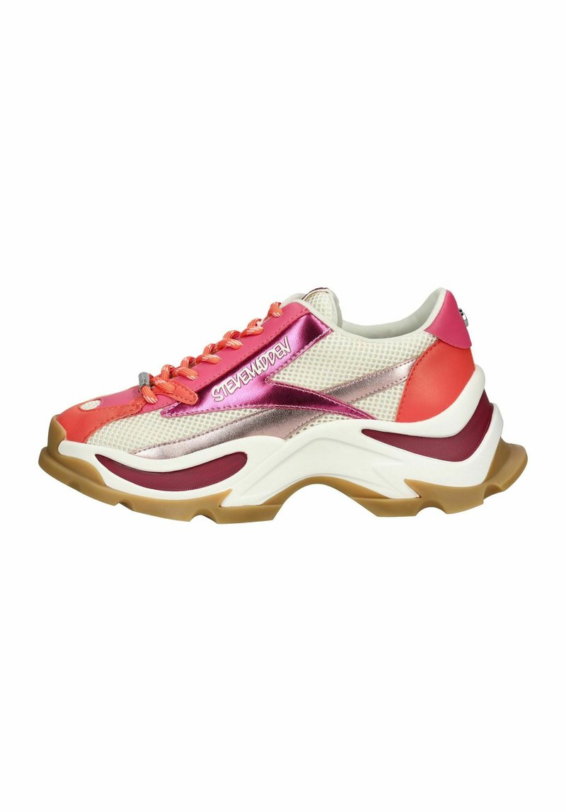 Sneaker with a mix of materials including mesh and synthetic leather, featuring pink and red accents, reflective elements, and rubber sole.