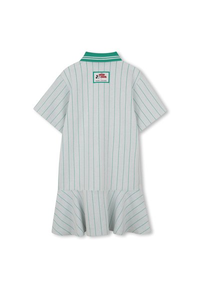 Φόρεμα με κοντά μανίκια σε ανοιχτό γκρι χρώμα με κάθετες πράσινες ρίγες και φαρδιά λοξή τελειώση. Διαθέτει πράσινο γιακά και ετικέτα στην πλάτη.