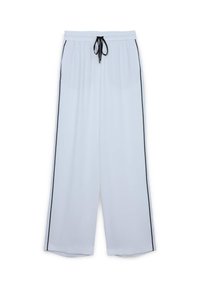 Pantaloni bianchi leggeri con una vestibilità ampia e righe laterali nere. Vita elastica con cordino per una comodità regolabile. Texture liscia.