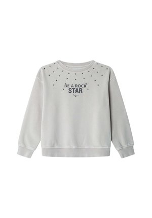 Ljusgrå sweatshirt med stjärndekorationer och texten "VAR EN ROCKSTJÄRNA" i mörkblått, med rund halsringning och ribbade muddar.