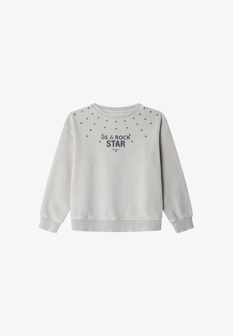 Sudadera gris clara con adornos de estrellas y el texto "SÉ UNA ESTRELLA DE ROCK" en azul oscuro, con un cuello redondo y puños acanelados.
