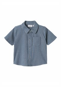 Camicia a maniche corte a righe orizzontali blu e bianche, con colletto, dotata di taschino sul petto e chiusura con bottoni. Materiale in cotone.