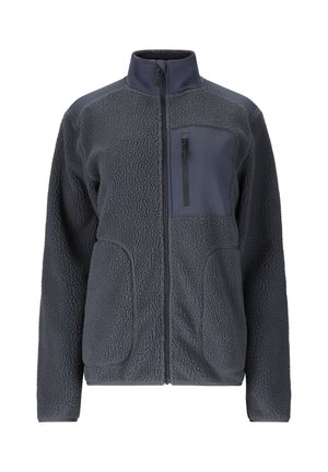 Donkergrijs fleecejack met volledige ritssluiting aan de voorkant, opstaande kraag, twee voorzakken en één zak met rits op de borst.