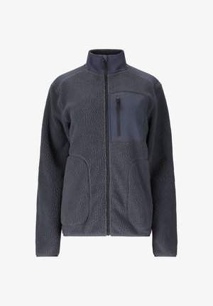 Donkergrijs fleecejack met volledige ritssluiting aan de voorkant, opstaande kraag, twee voorzakken en één zak met rits op de borst.