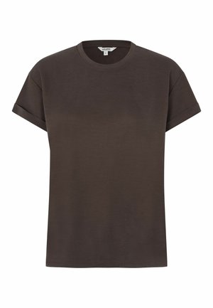 Tamno smeđa pamučna majica kratkih rukava s podvrnutim rubovima i okruglim izrezom, veličine small, prikazana na jednobijeloj pozadini.