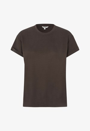 Tamno smeđa pamučna majica kratkih rukava s podvrnutim rubovima i okruglim izrezom, veličine small, prikazana na jednobijeloj pozadini.